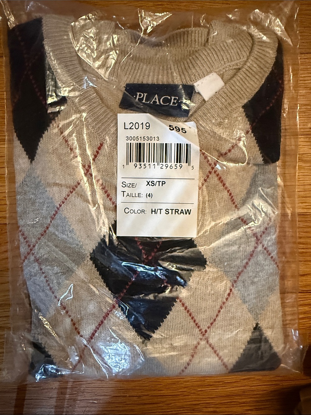 The Children's Place Beige Argyle Crewneck Sweater with Navy Diamonds